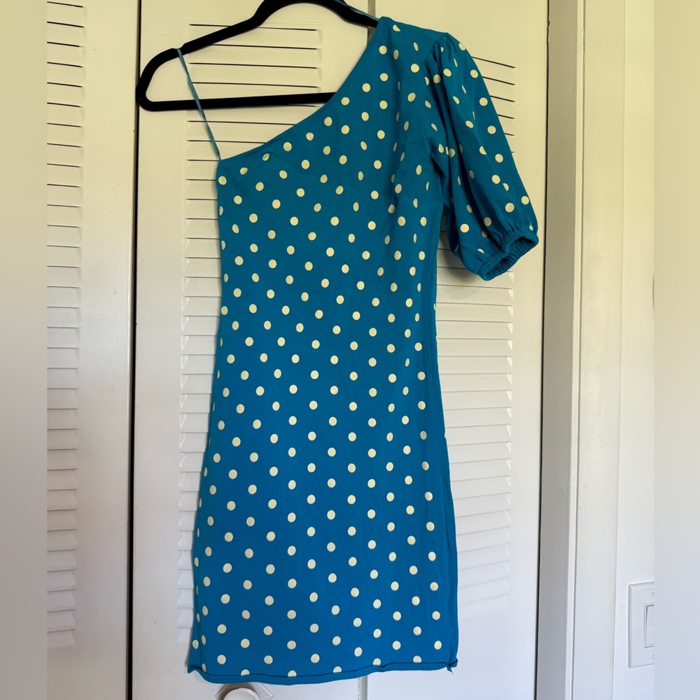 Zara One-Shoulder Teal Dress with White Polka Dots